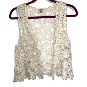 Ivory Crochet Open Front Vest Sz Small Boho Hippie Cottagecore Layers Festival